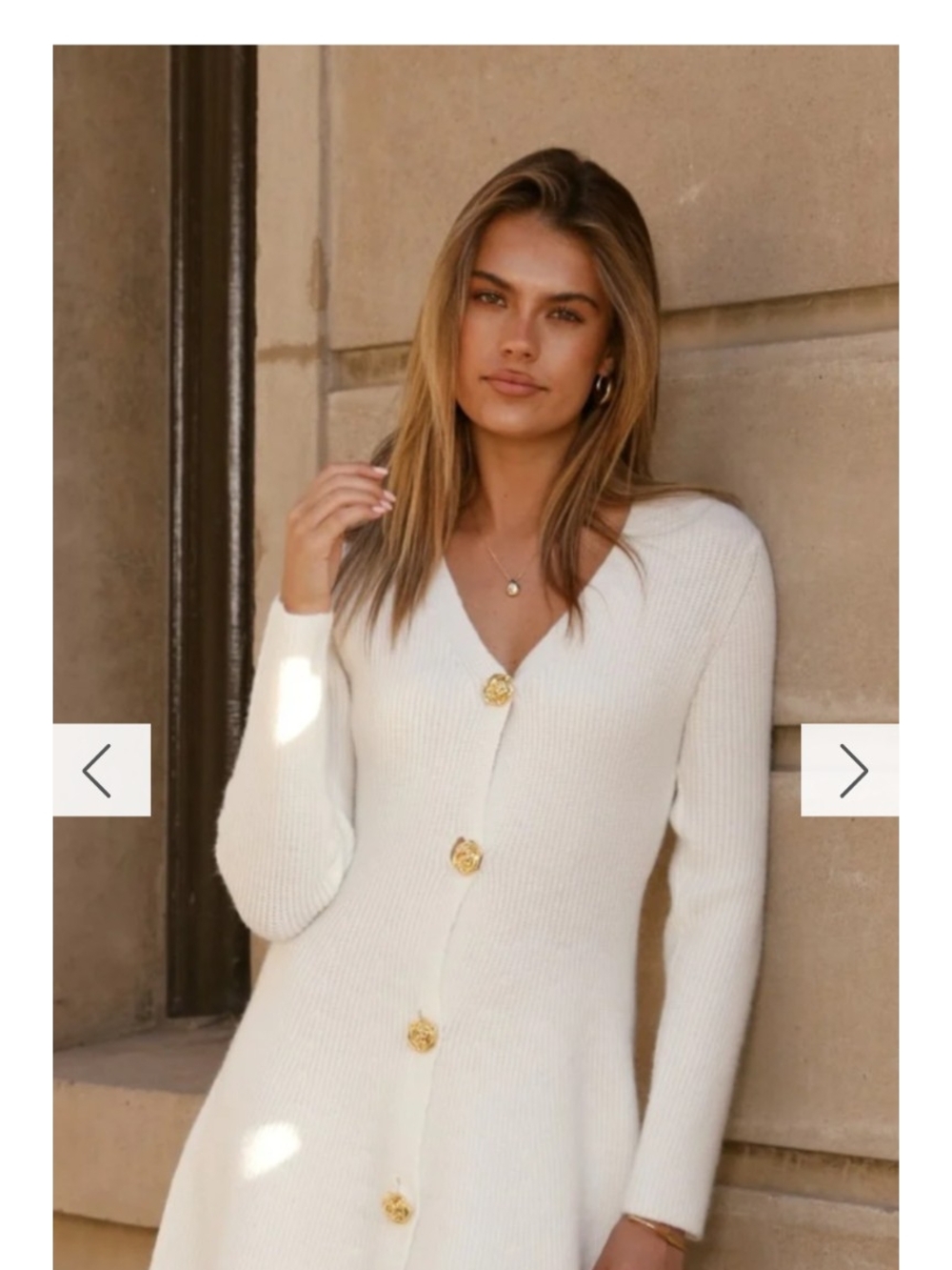 Women's Cream Long-Sleeve Ribbed Button-Front Dress